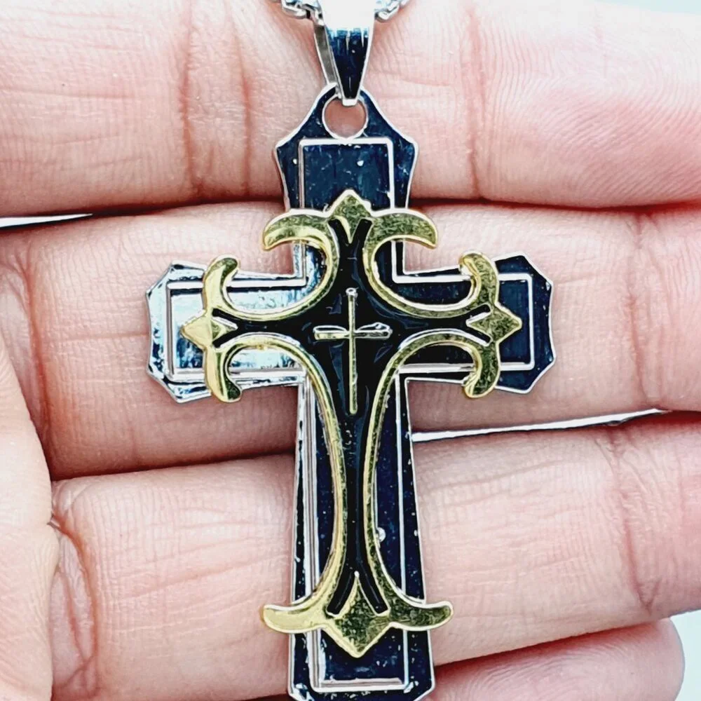 ❤️ Stainless Steel Retro Layered Cross Necklace , N90201P120